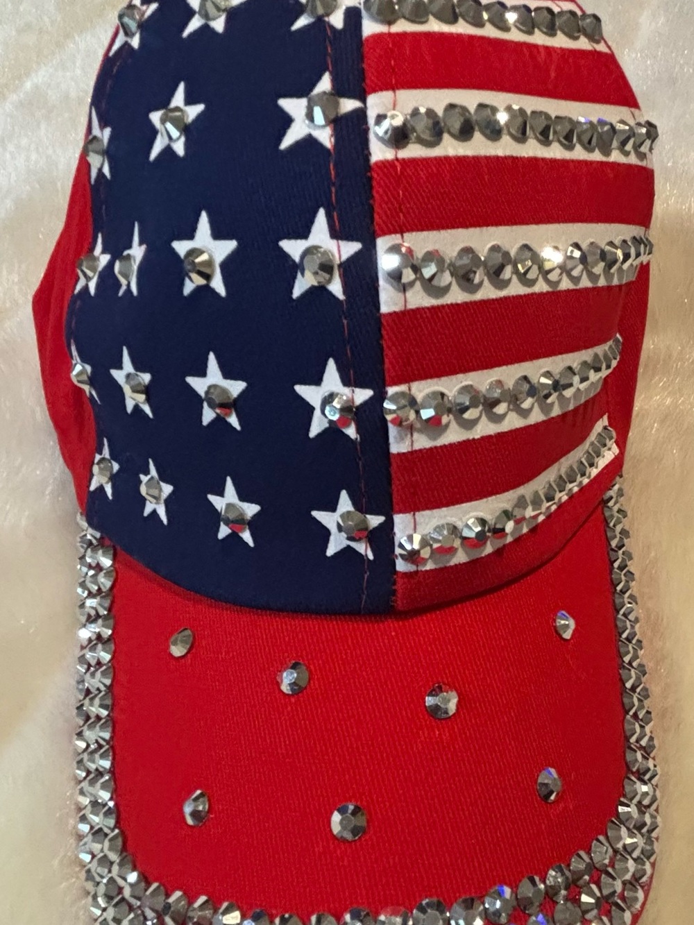 Rhinestone American Flag Baseball Cap - Red & Navy